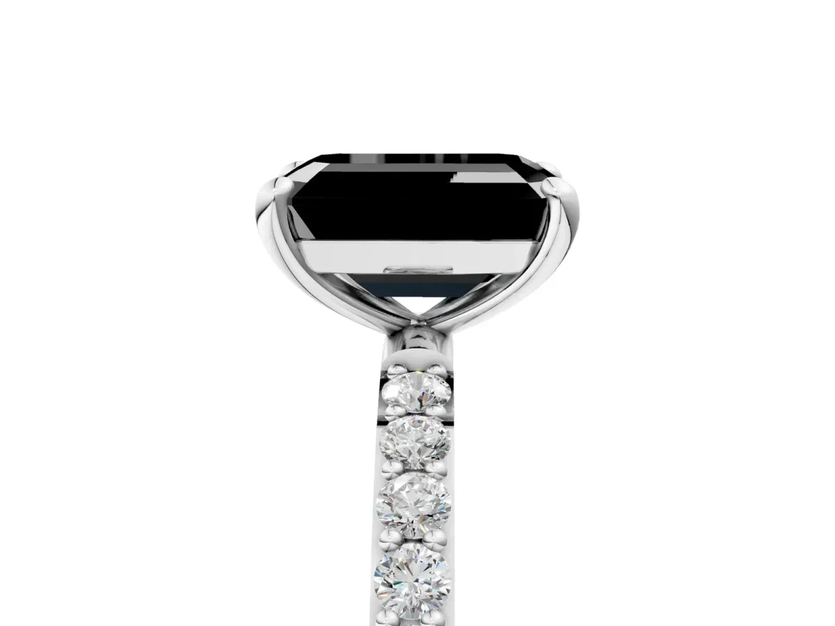Fancy Black Emerald Cut Diamond Solitaire Ring with Round Pavé Band and Prong Setting Silver
