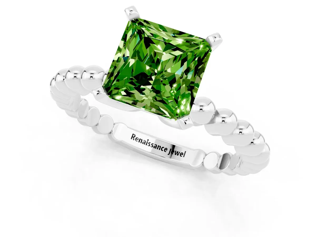 Princess Cut Peridot Solitaire Ring with Beaded Band and Prong Setting White gold