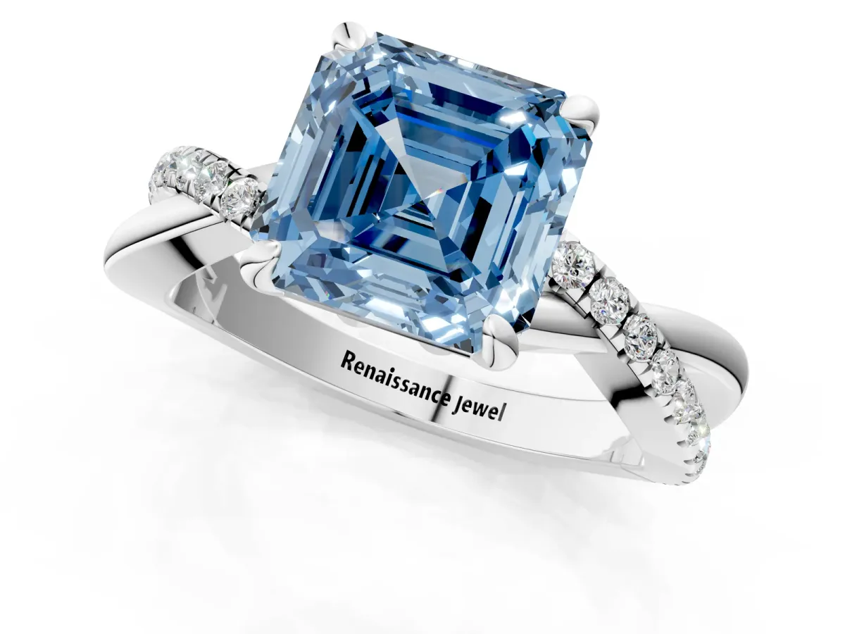 Fancy Blue Asscher Cut Cut Twist Band Solitaire Diamond Ring with Pavé Setting Platinum