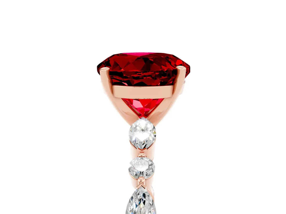 Round Cut Ruby Ring with Marquise and Round Side Stones and Four-Prong Setting Rose gold