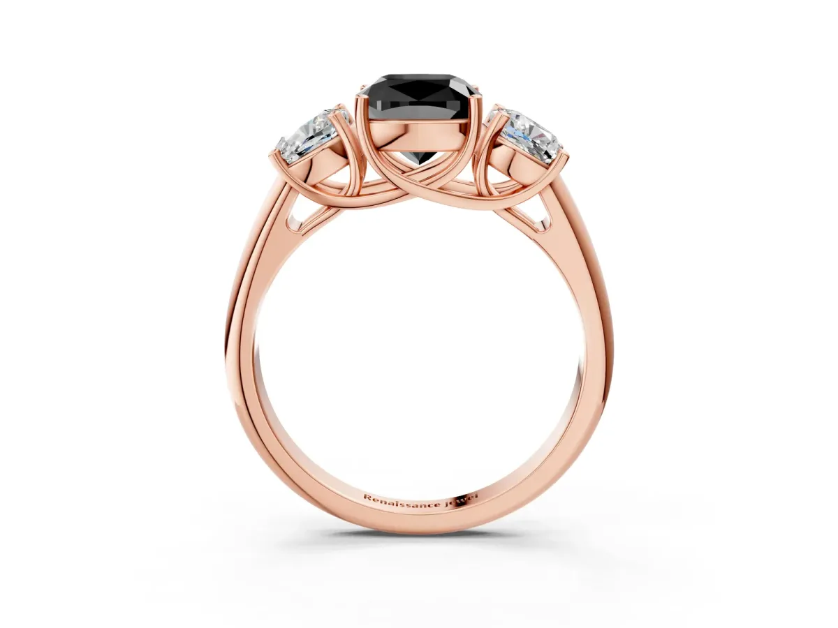 Fancy Black Three-Stone Cushion Cut Diamond Engagement Ring with Prong Setting Rose gold