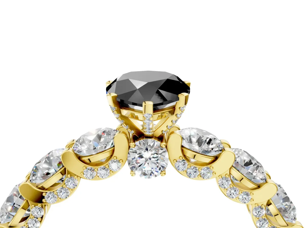 Fancy Black Pear Cut Diamond Side Stone Engagement Ring with Four-Prong Setting Yellow gold