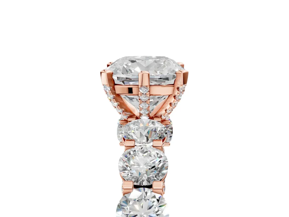 Cushion Cut Diamond Side Stone Engagement Ring with Four-Prong Setting Rose gold