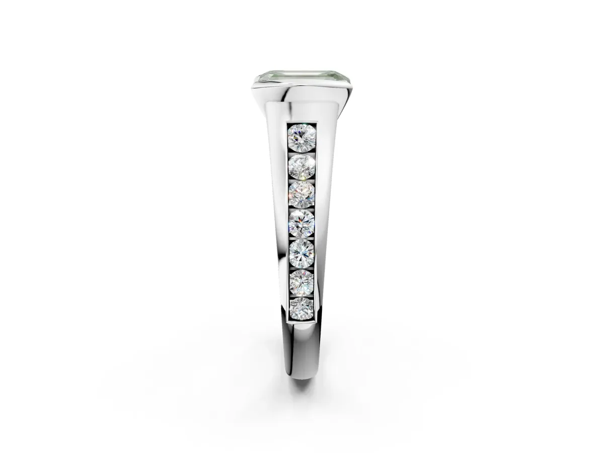 Fancy Green Emerald Cut Solitaire Bezel-Set Diamond Ring with Channel-Set Band Platinum