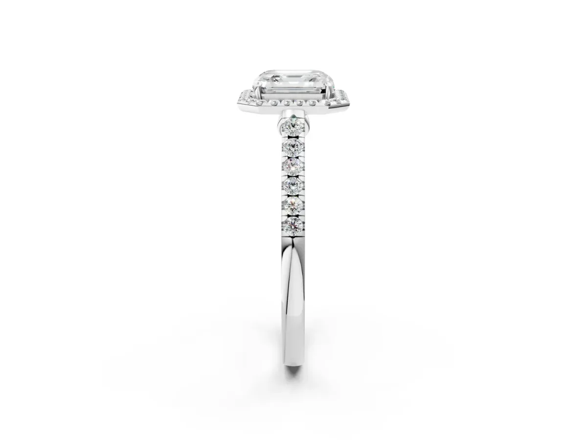 Asscher Cut Halo Pave Diamond Engagement Ring with Four-Prong Setting Platinum