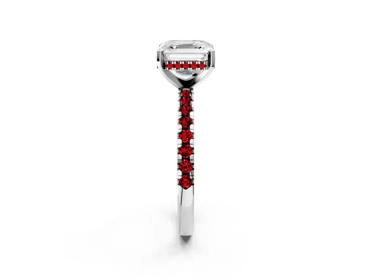 Asscher Cut Diamond Solitaire Ring with Round Ruby Pavé Band and Four-Prong Setting Platinum