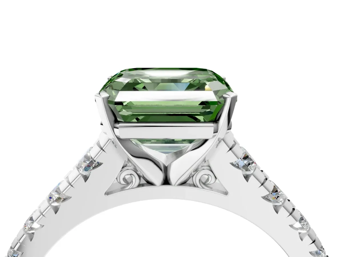 Fancy Green Asscher Cut Diamond Cathedral Solitaire Ring with Round Pavé Band Silver