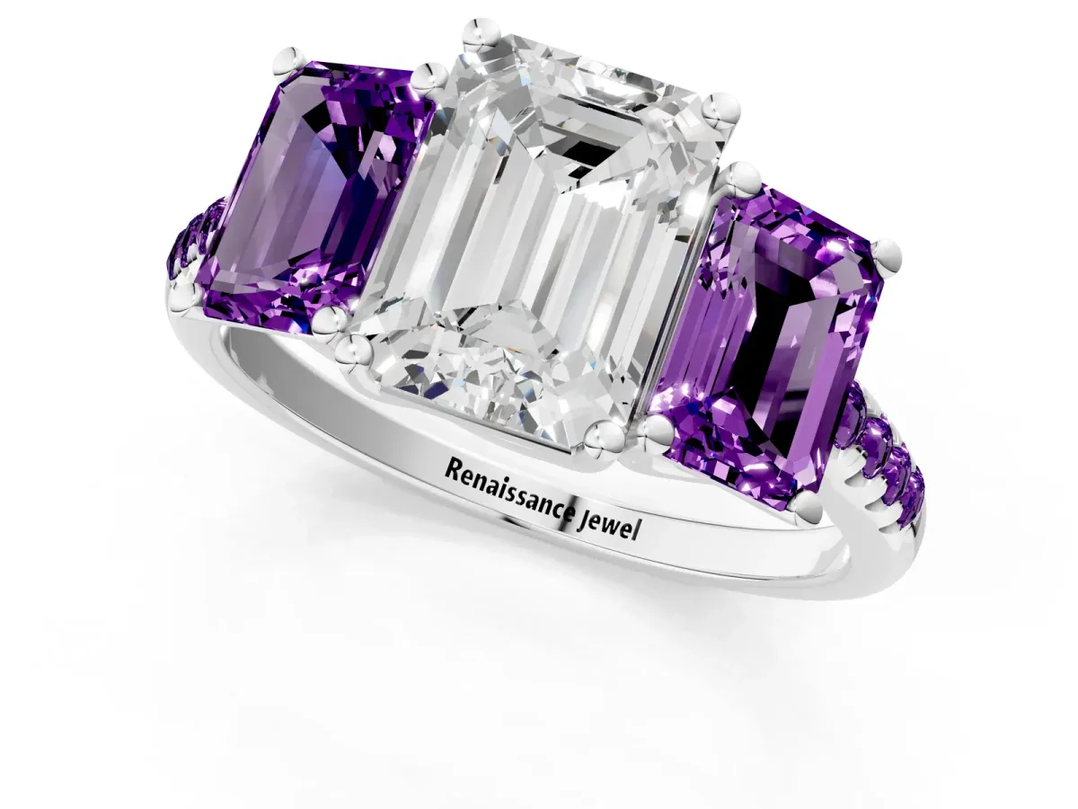 Three-Stone Emerald Cut Diamond Ring with Round Amethyst Pavé Band and Prong Setting Platinum