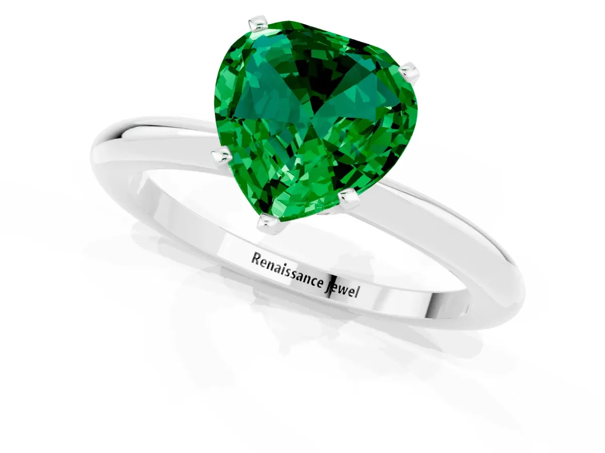 Heart Cut Emerald Solitaire Ring with Six-Prong Setting and Classic Band Silver