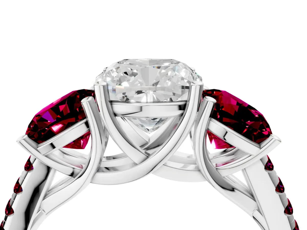Three-Stone Cushion Cut Diamond Ring with Round Garnet Pavé Band and Prong Setting Silver