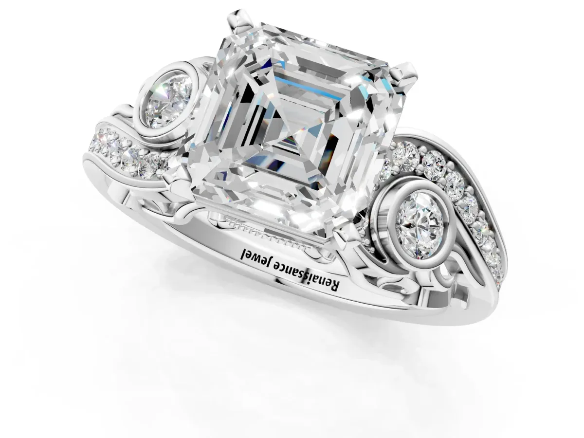 Asscher Cut Diamond Solitaire Ring with Milgrain Pavé Band and Four-Prong Setting Silver
