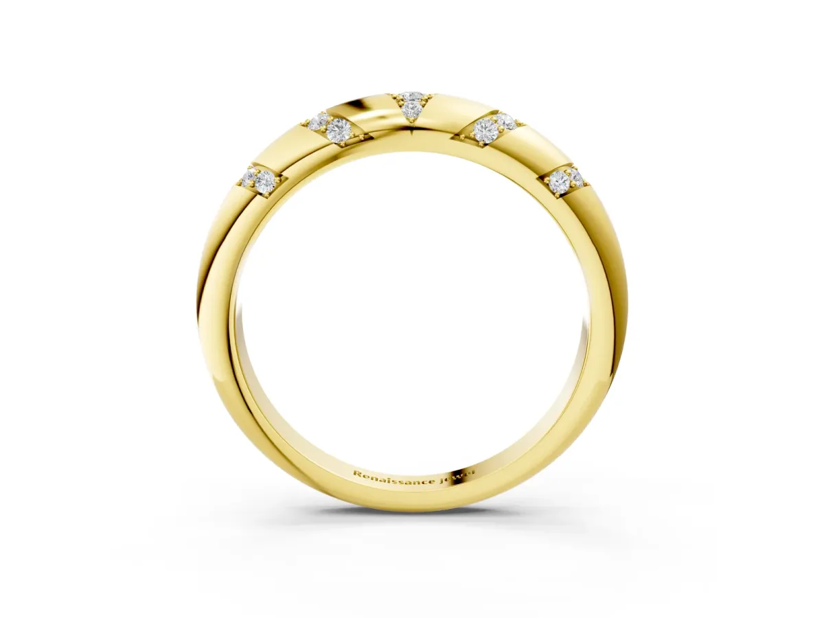 Round Diamond Channel Set Curved Band with Bezel Setting Yellow gold