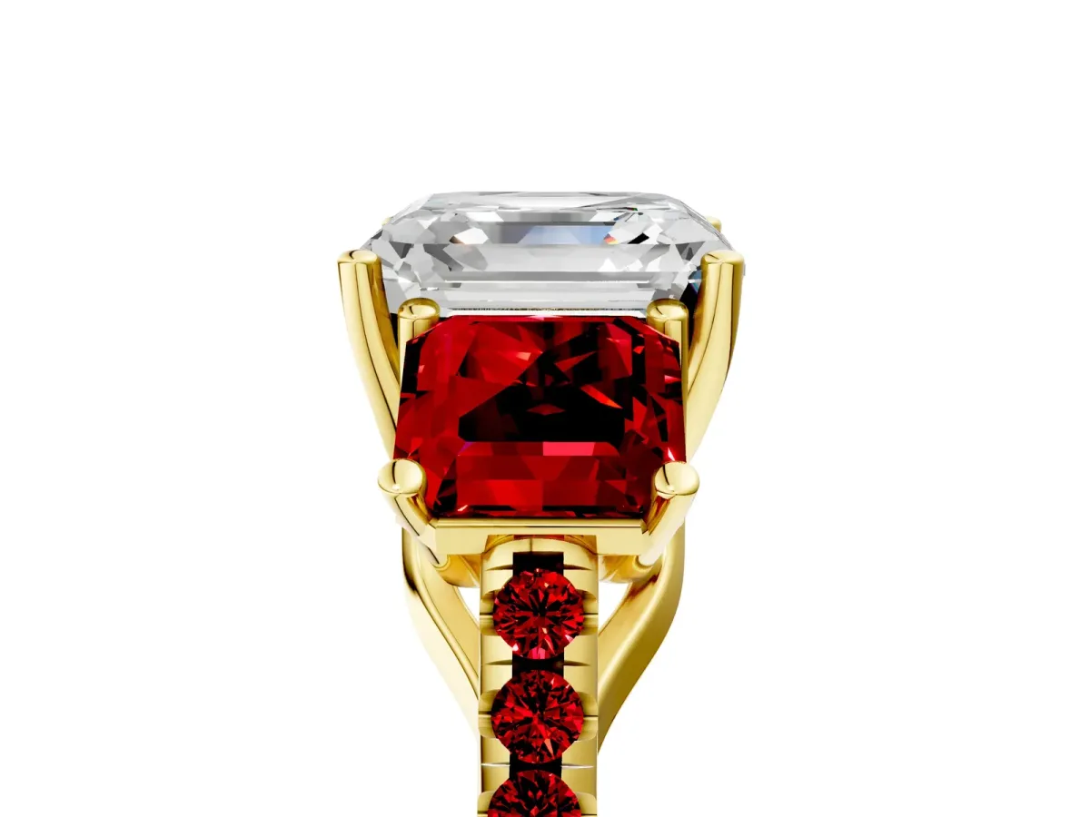 Three-Stone Asscher Cut Diamond Ring with Round Ruby Pavé Band and Prong Setting Yellow gold