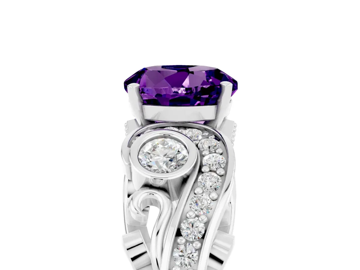 Round Cut Amethyst Solitaire Ring with Milgrain Pavé Band and Four-Prong Setting Silver