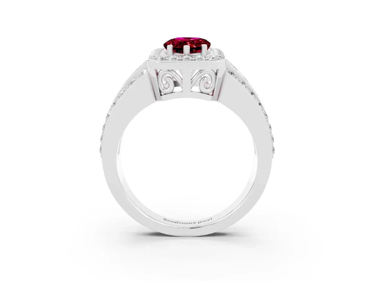 Pear Cut Halo Garnet Ring with Round Split Shank and Prong Setting White gold