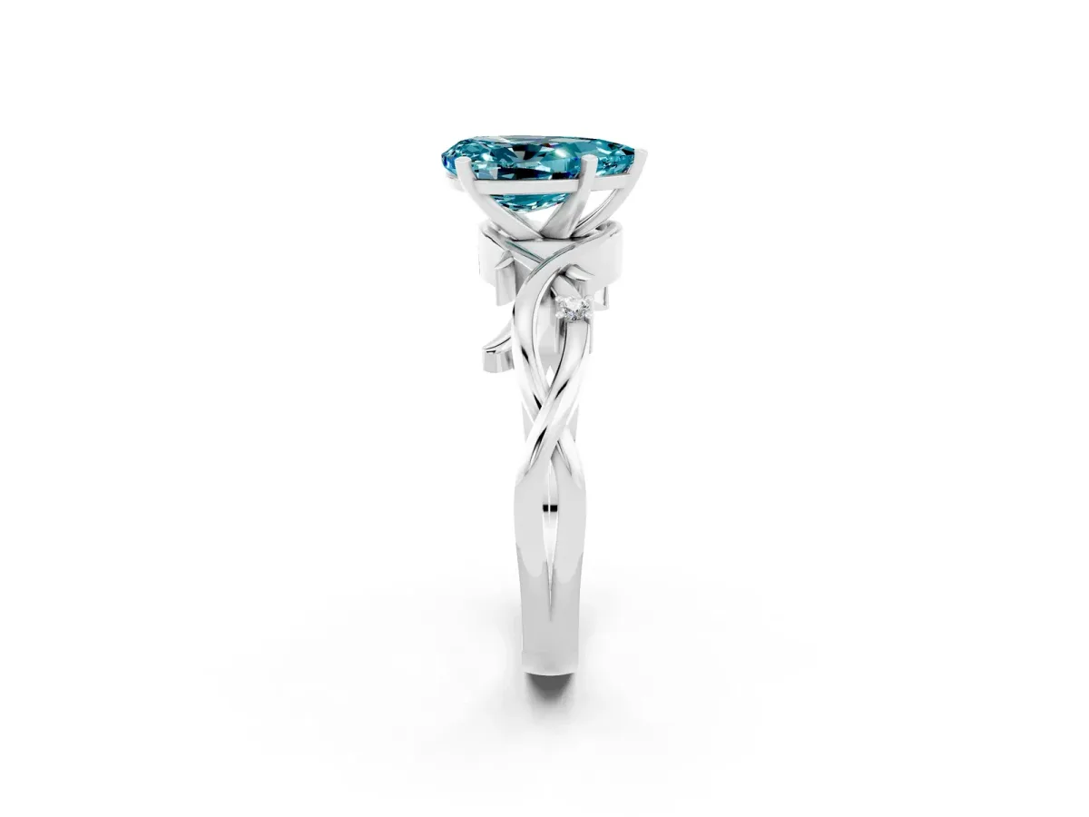 Pear Cut Blue Topaz Solitaire Ring with Twisted Band and Prong Setting Platinum