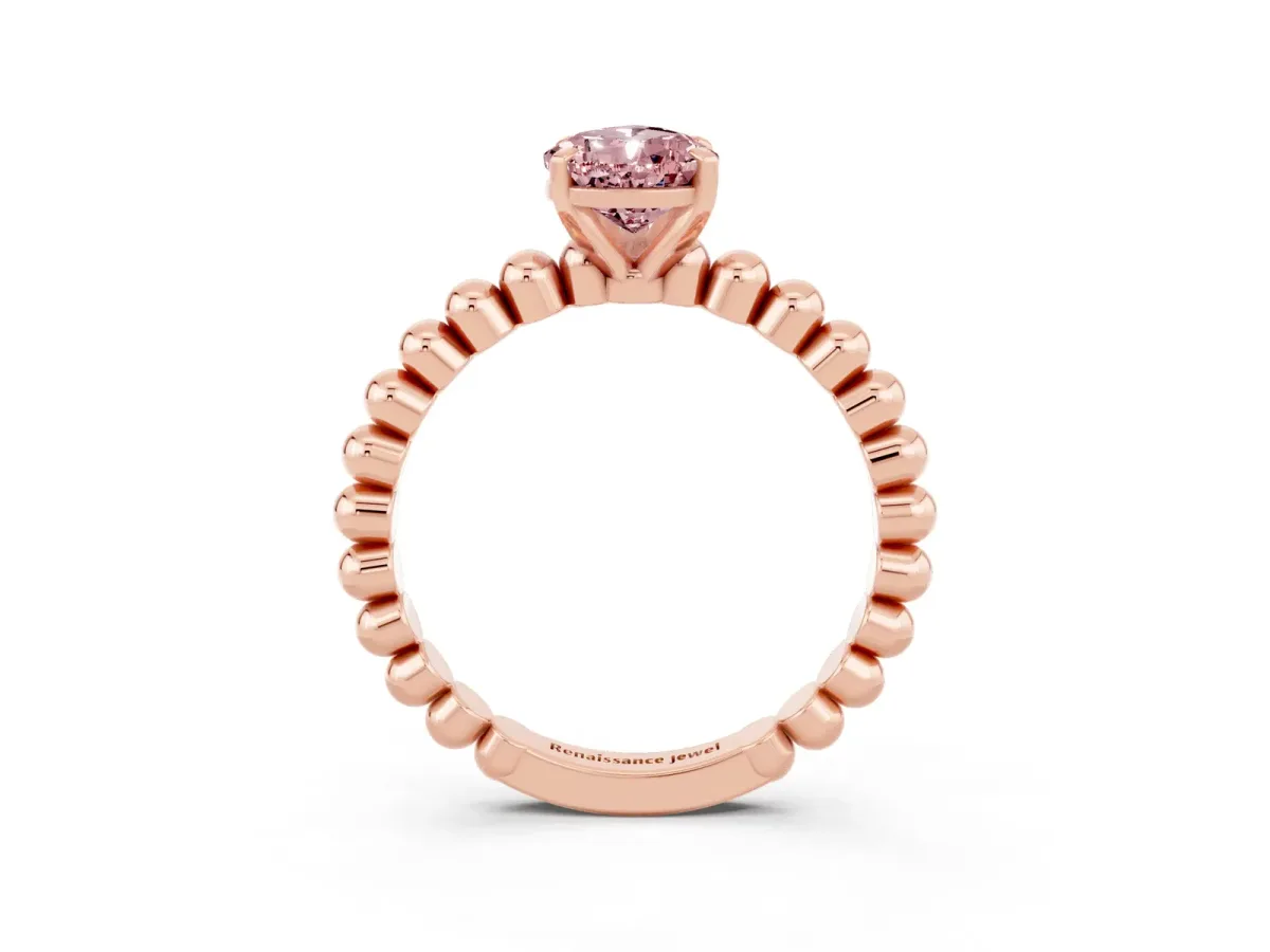 Pear Cut Morganite Solitaire Ring with Beaded Band and Prong Setting Rose gold
