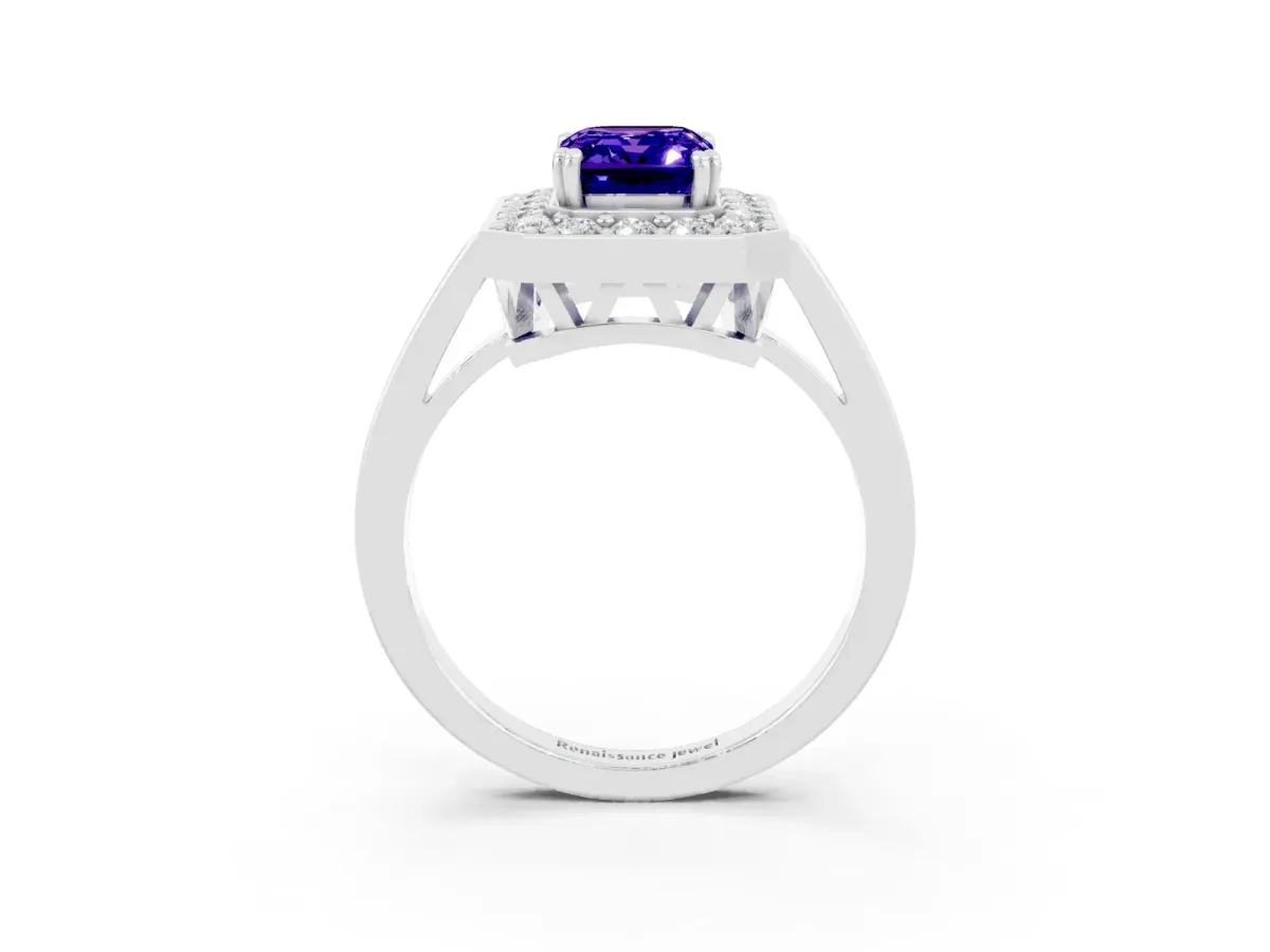 Emerald Cut Tanzanite Halo Ring with Split Shank and Four-Prong Setting White gold