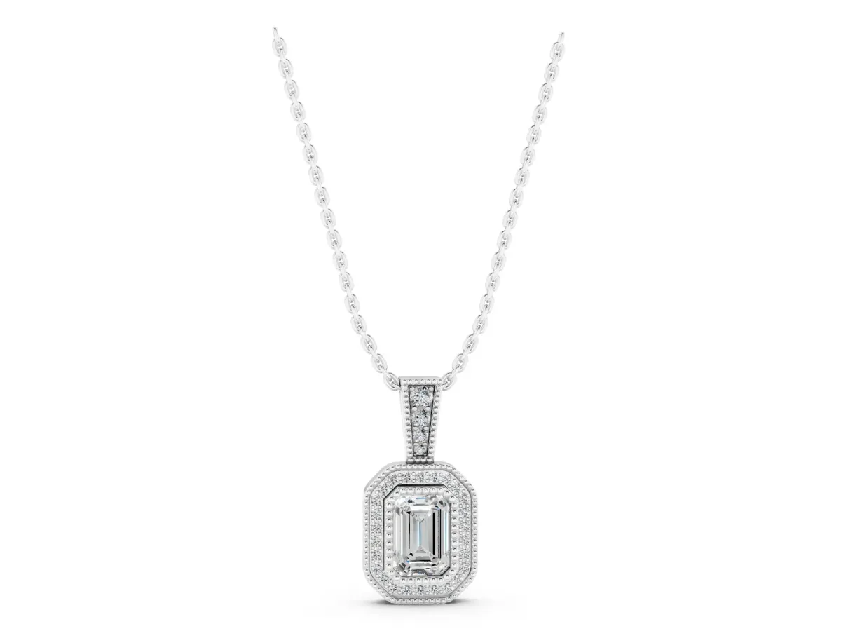Emerald Cut Halo Diamond Pendant with Pavé Setting Silver