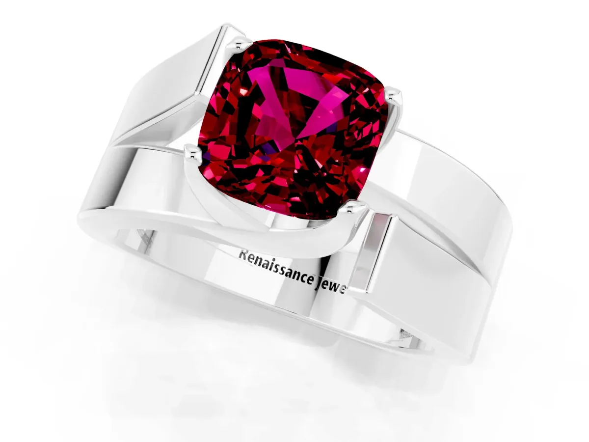Modern Tension Set Cushion Cut Garnet Solitaire Wide Band Ring Silver