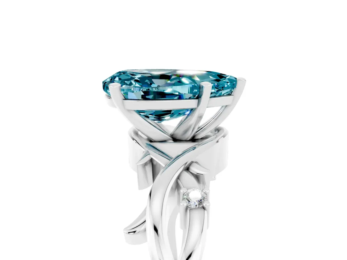 Pear Cut Blue Topaz Solitaire Ring with Twisted Band and Prong Setting Platinum