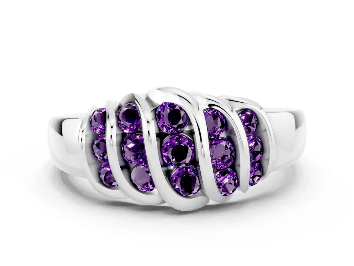 Round Amethyst Multi-Row Crossover Band White gold