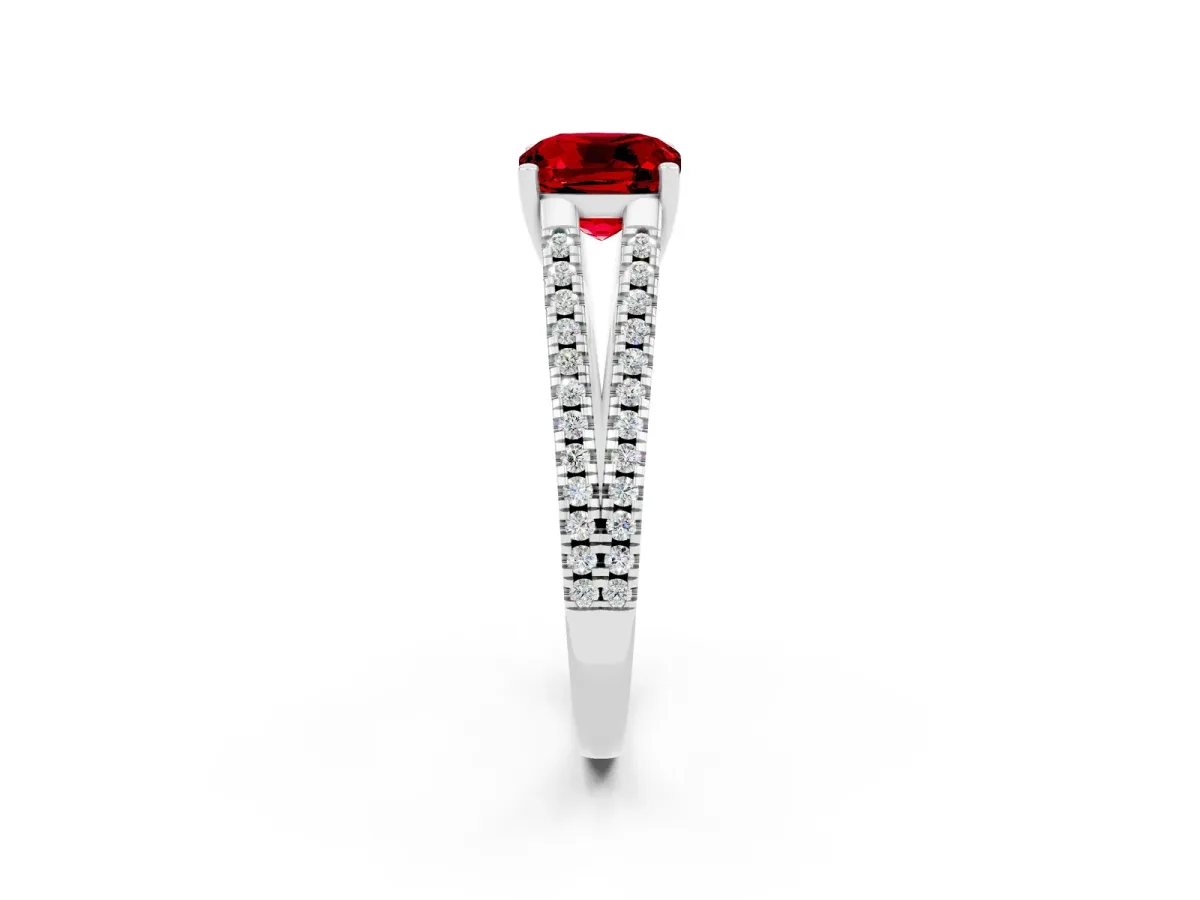 Cushion Cut Ruby Solitaire Engagement Ring with Split Shank Pavé Band Silver