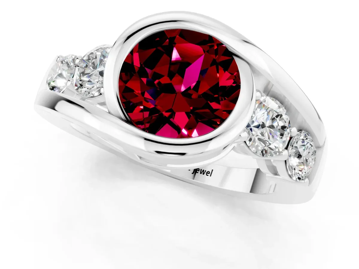 Bezel Set Round Cut Garnet Bypass Ring with Round Accents Silver