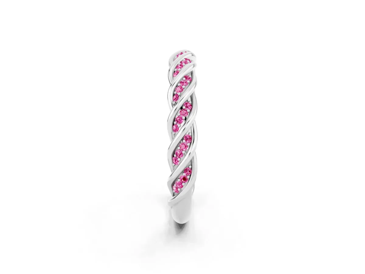 Twisted Pavé Round Pink Sapphire Eternity Band with Shared Prong Setting Silver