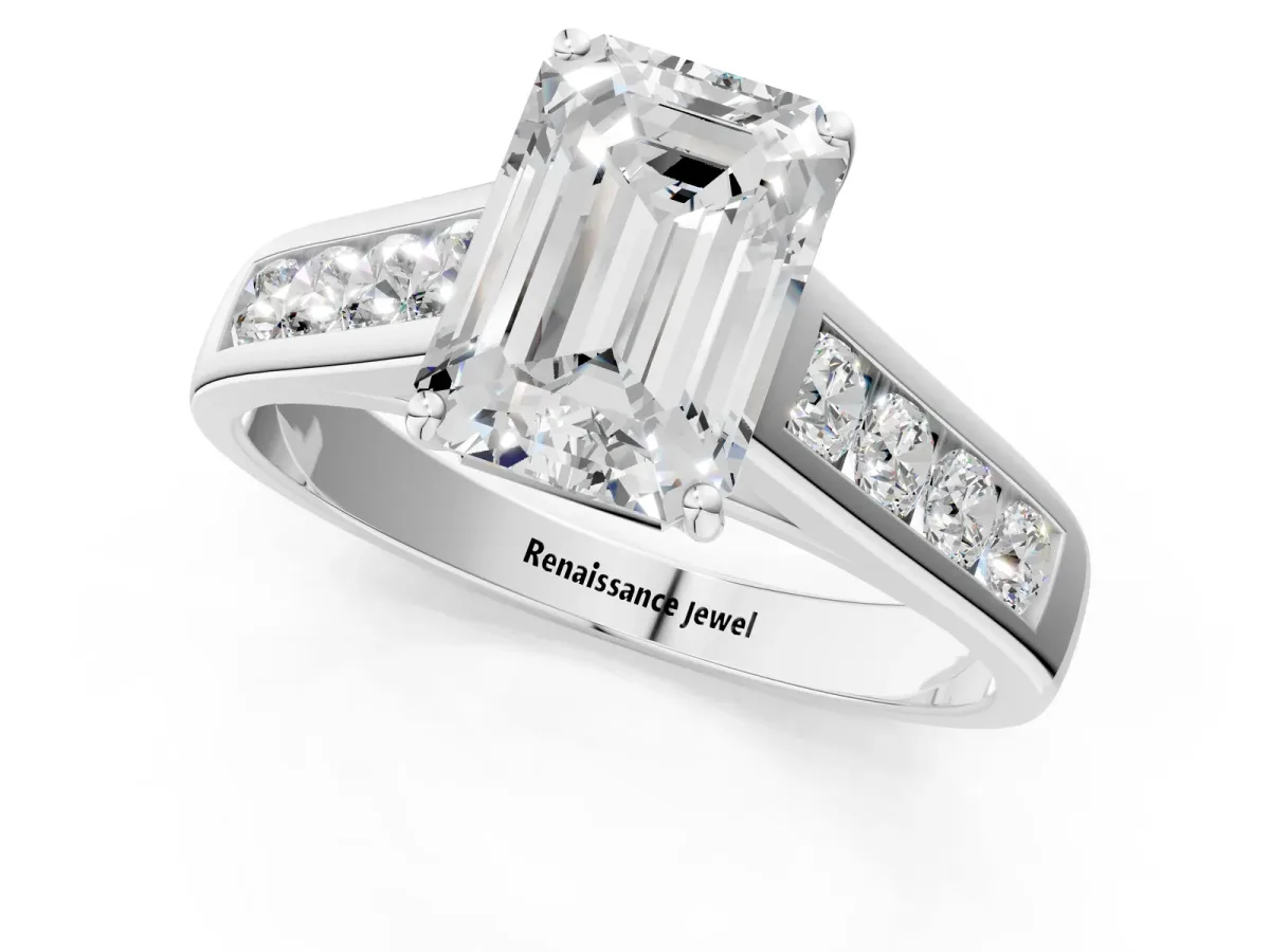 Emerald Cut Brilliant Channel-Set Solitaire Ring with Four-Prong Setting White gold