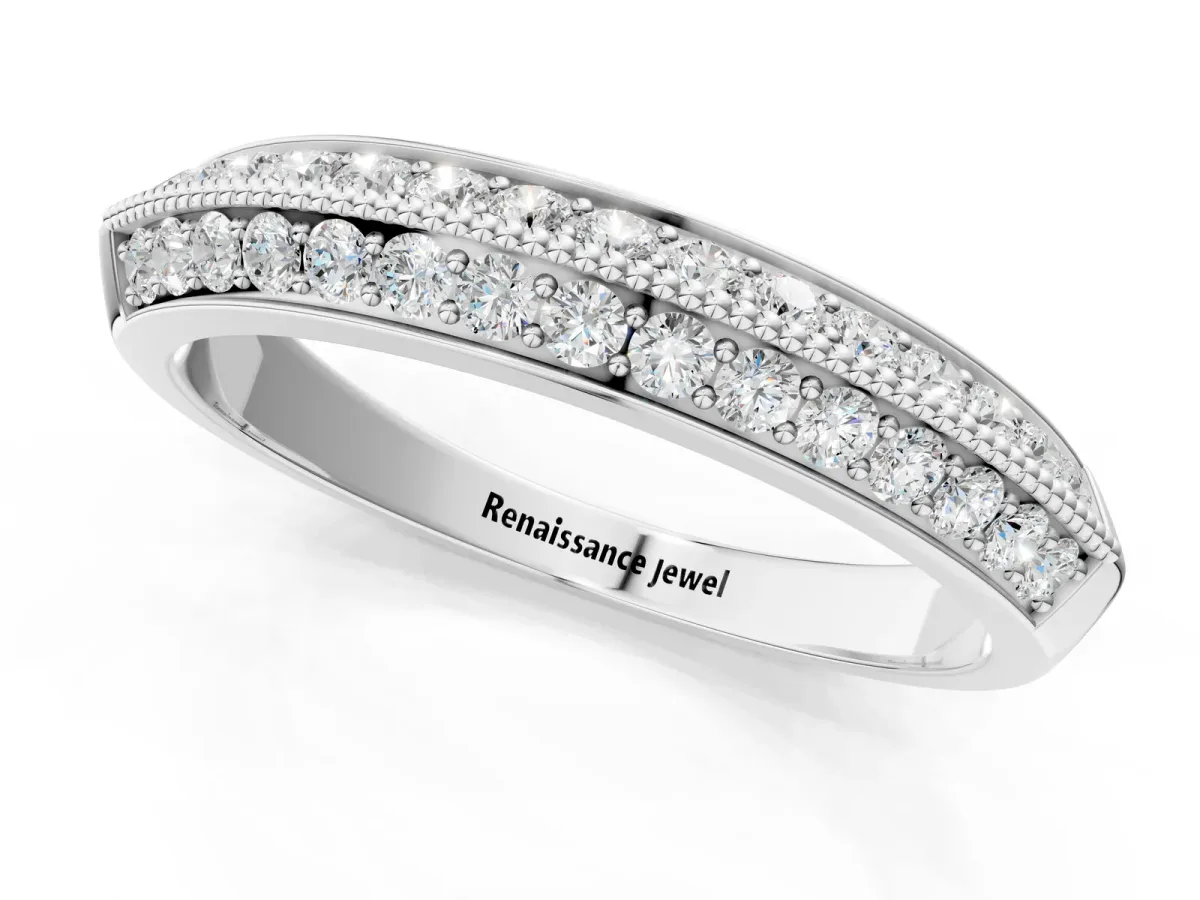 Double Row Pavé Round Diamond White Gold Band with Shared Prong Setting Platinum