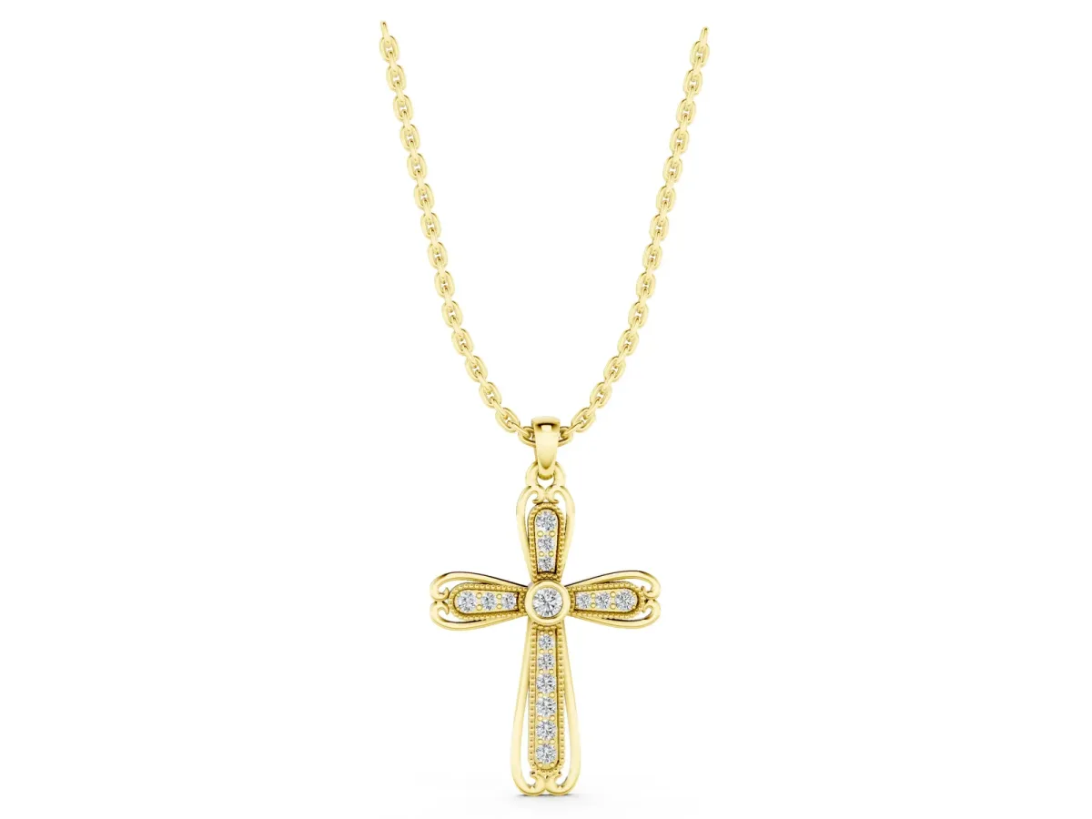 Pavé Round Diamond Cross Pendant with Bezel Setting Yellow gold
