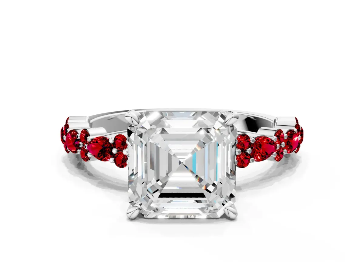 Asscher Cut Diamond Side Stone Solitaire Ring with Round Ruby and Four-Prong Setting Silver