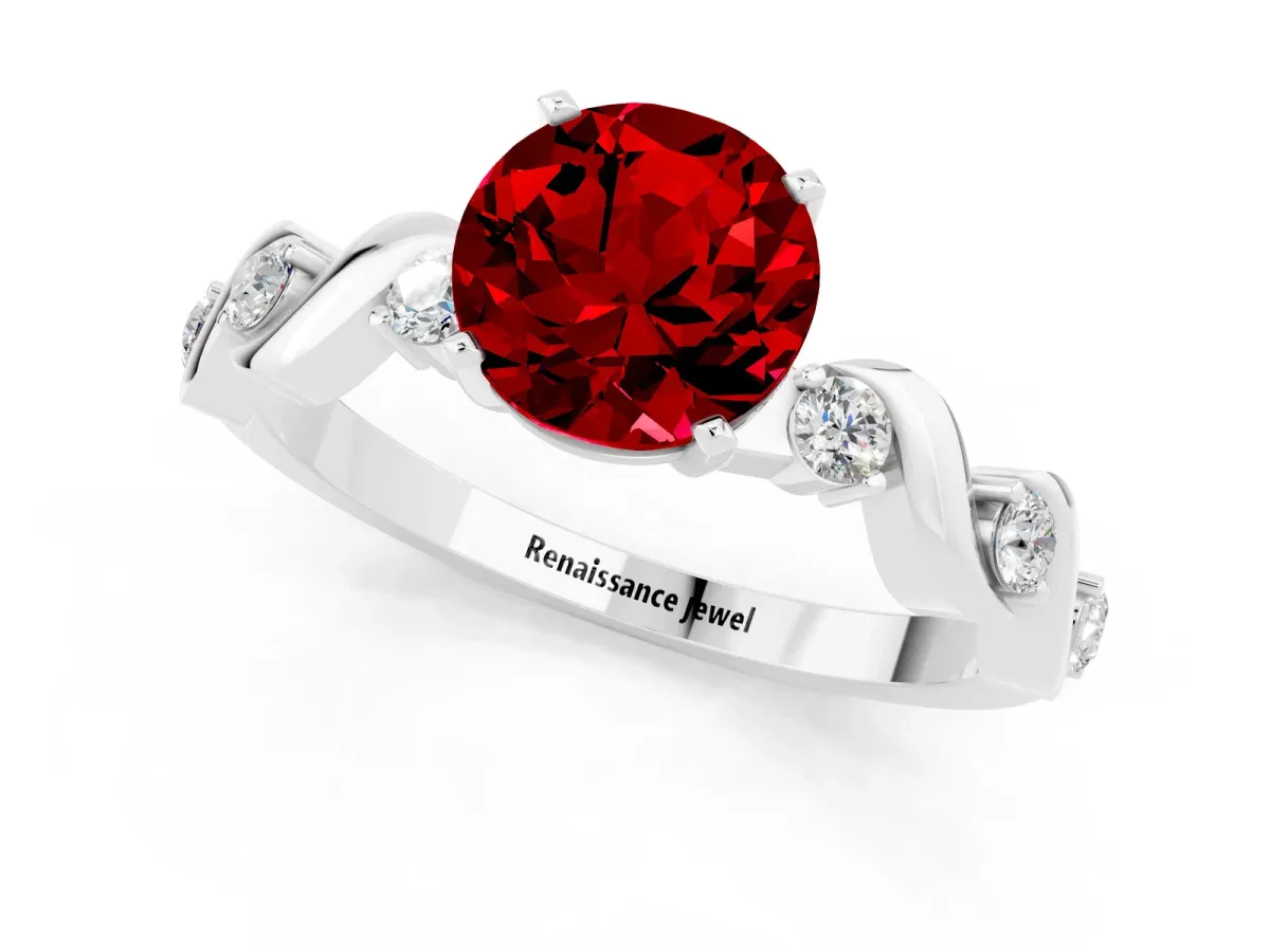 Round Cut Ruby Solitaire Twisted Band with Round Accents and Prong Setting Platinum