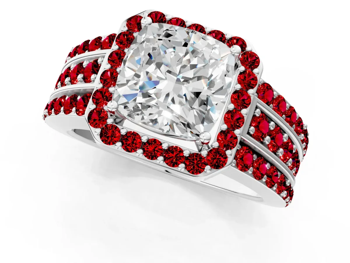 Cushion Cut Halo Diamond Ring with Round Ruby Split Shank and Prong Setting Platinum