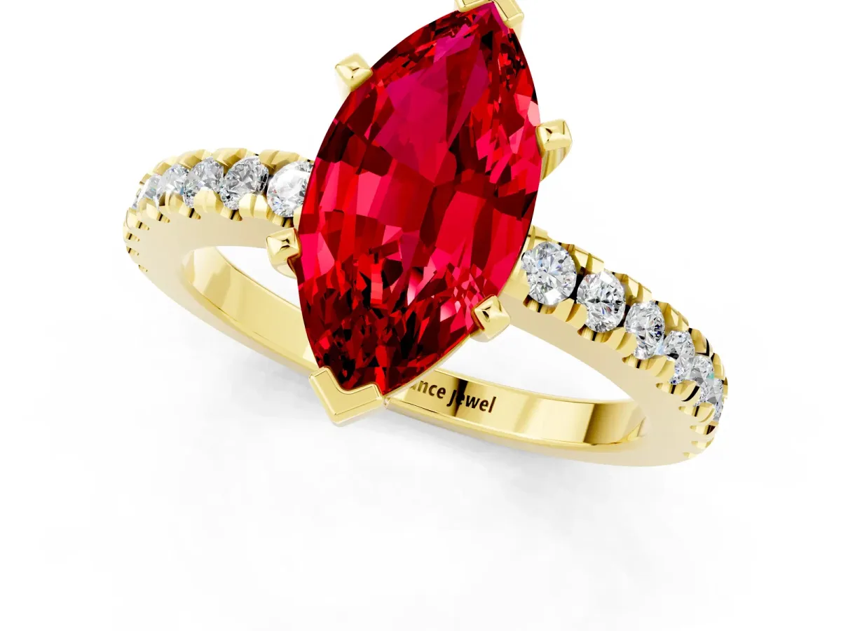 Marquise Cut Solitaire Ruby with Pavé Band and Four-Prong Setting Yellow gold