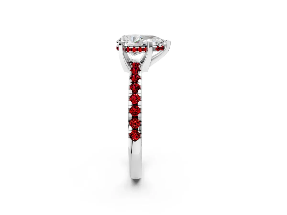 Pear Cut Diamond Solitaire Ring with Round Ruby Pavé Band and Four-Prong Setting Platinum