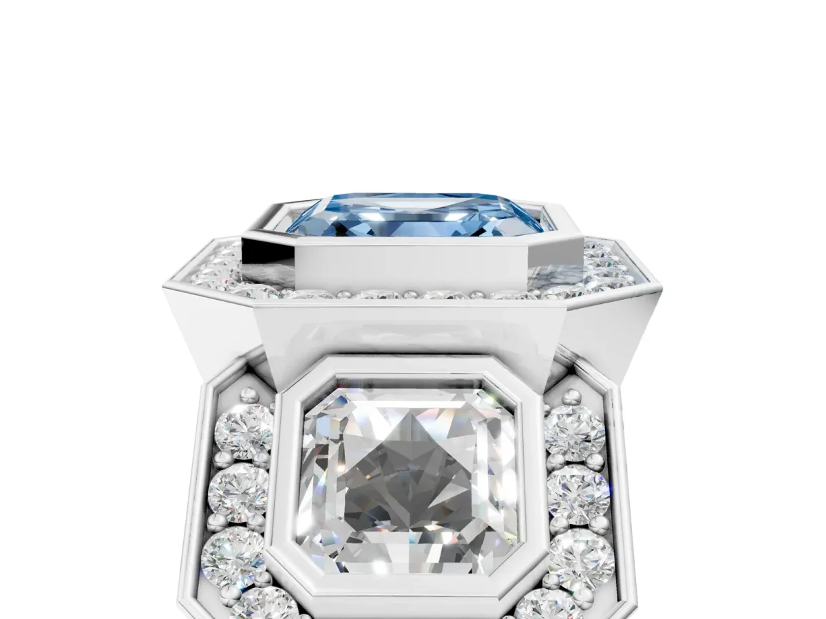 Fancy Blue Three-Stone Asscher Cut Halo Pavé Diamond Ring Platinum
