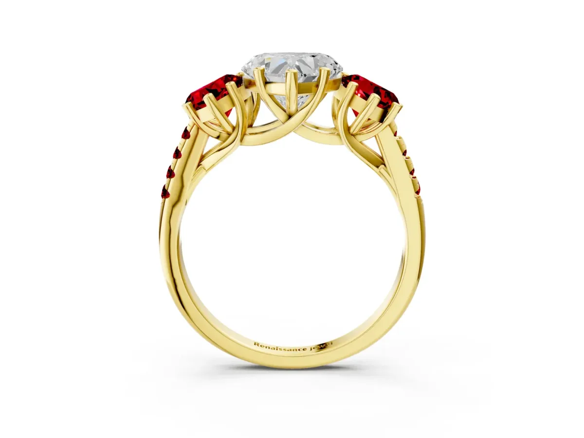 Three-Stone Heart Cut Diamond Ring with Round Ruby Pavé Band and Prong Setting Yellow gold