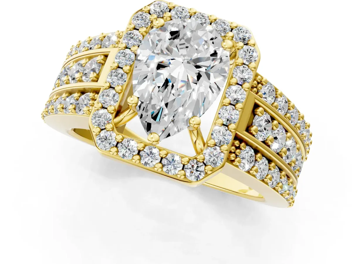 Pear Cut Halo Diamond Ring with Round Split Shank and Prong Setting Yellow gold