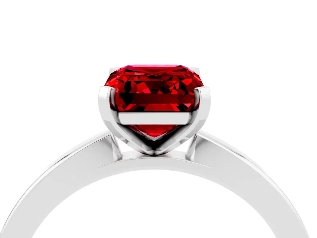 Emerald Cut Ruby Solitaire Engagement Ring with Classic Band and Four-Prong Setting Silver