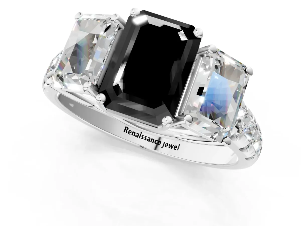 Fancy Black Three-Stone Emerald Cut Diamond Pavé Band with Prong Setting Platinum