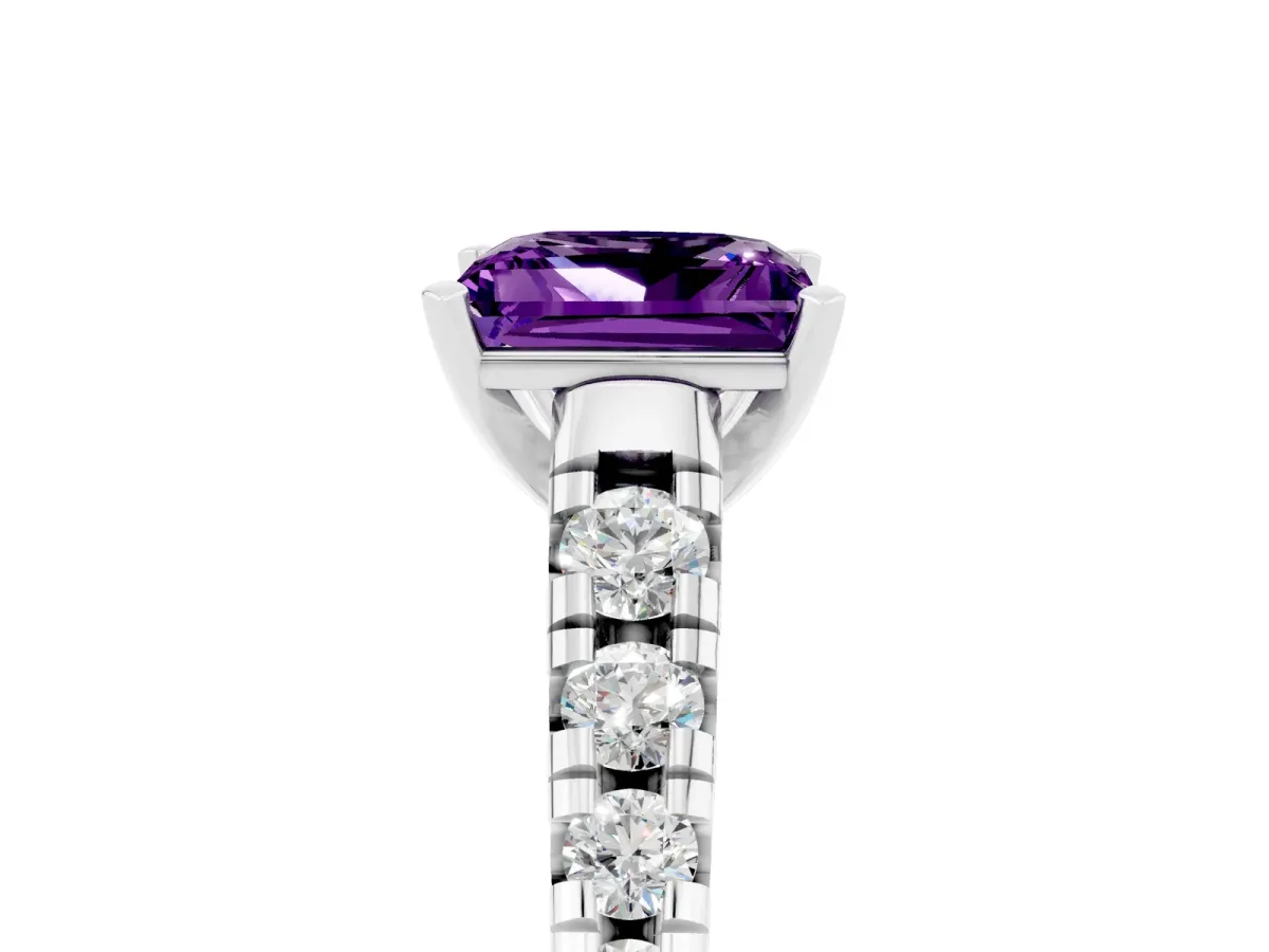 Princess Cut Amethyst Cathedral Solitaire Ring with Round Pavé Band Silver