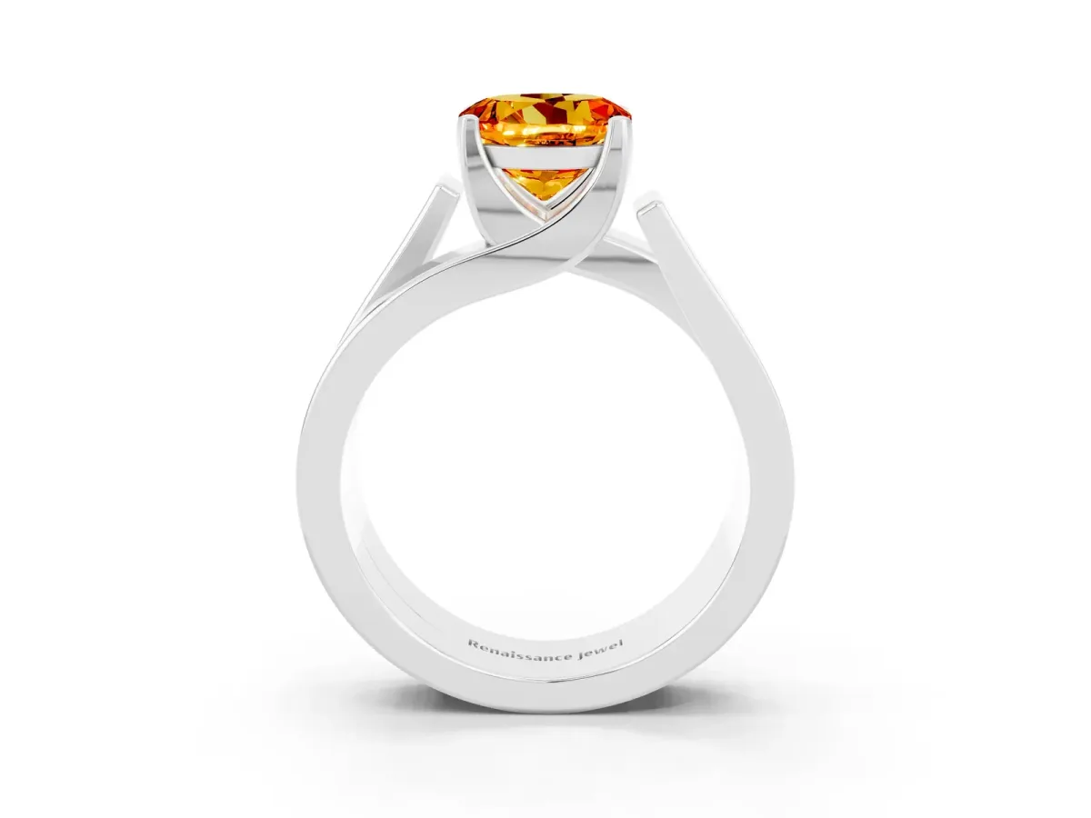 Modern Tension Set Round Cut Citrine Solitaire Wide Band Ring Silver
