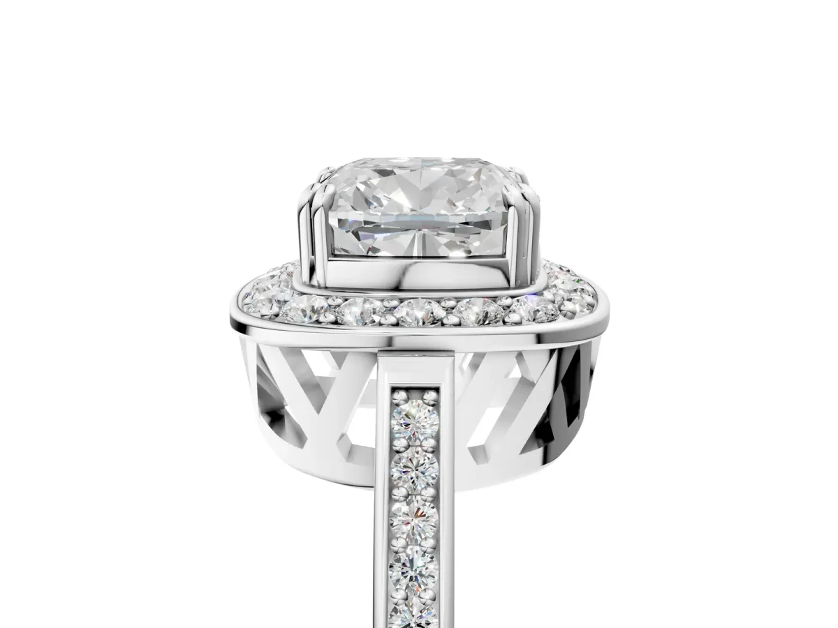 Cushion Cut Diamond Halo Ring with Split Shank and Four-Prong Setting White gold