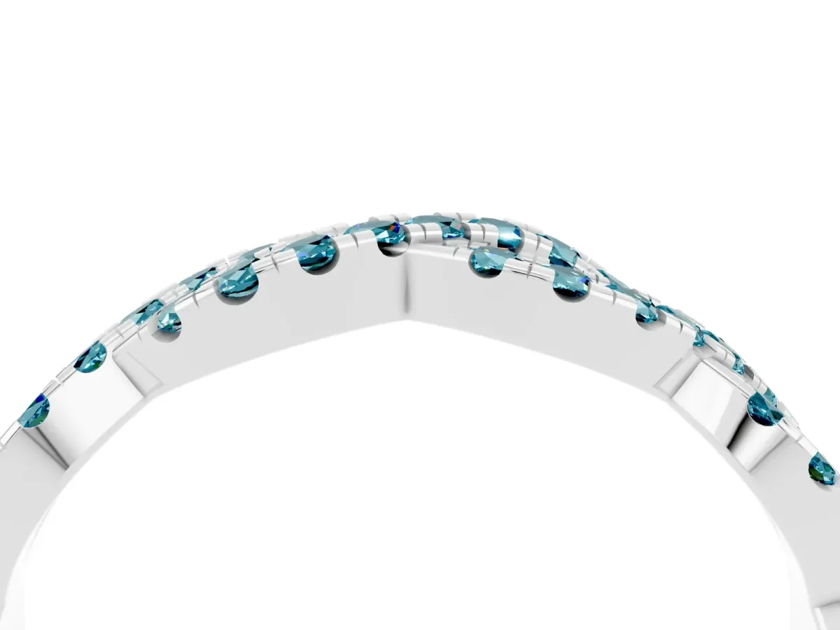 Round Blue Topaz Twisted Eternity Band with Pavé and Shared Prong Setting Platinum