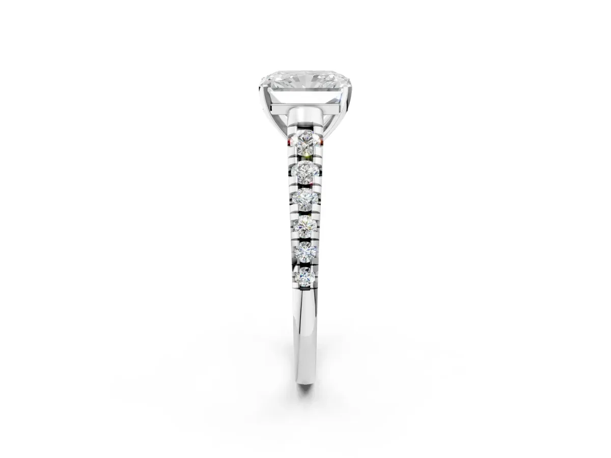 Radiant Cut Diamond Cathedral Solitaire Ring with Round Pavé Band Platinum