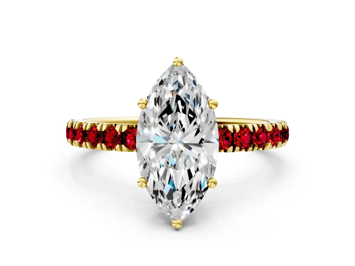 Marquise Cut Diamond Pave Band Solitaire Ring with Round Ruby and Prong Setting Yellow gold