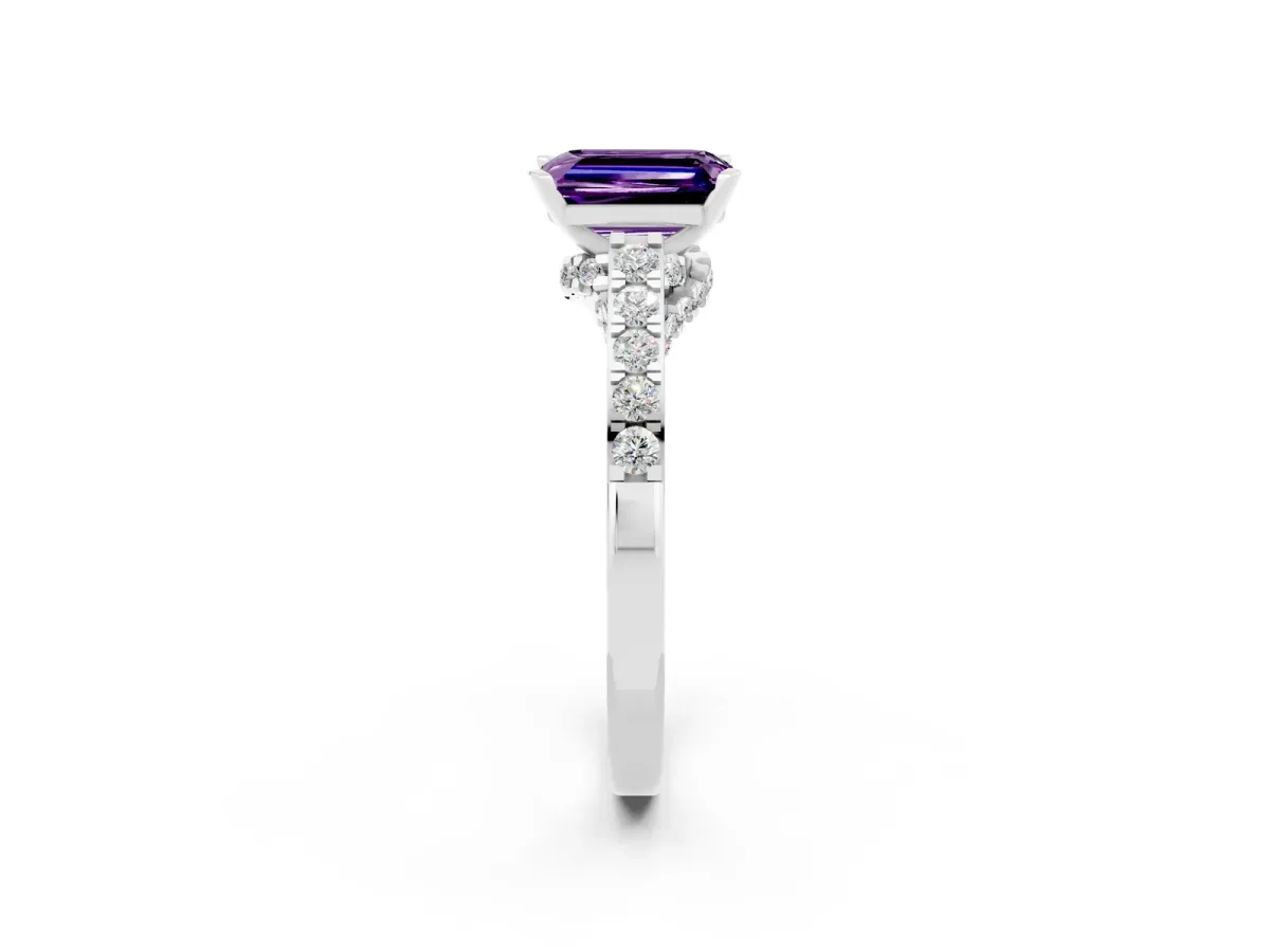 Emerald Cut Amethyst Solitaire Ring with Crossover Gallery and Round Pavé Band Platinum