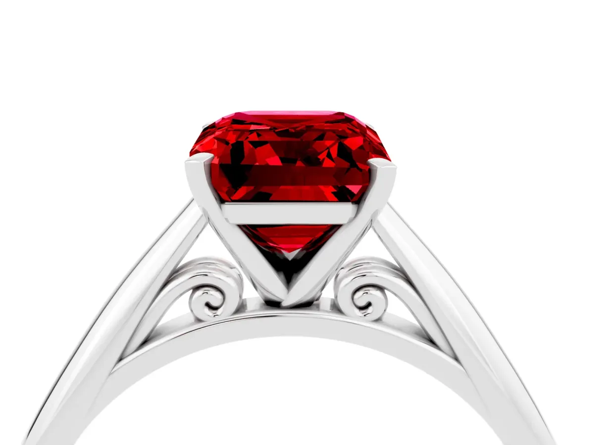 Emerald Cut Ruby Solitaire Engagement Ring with Cathedral Setting and Four-Prong Mount White gold